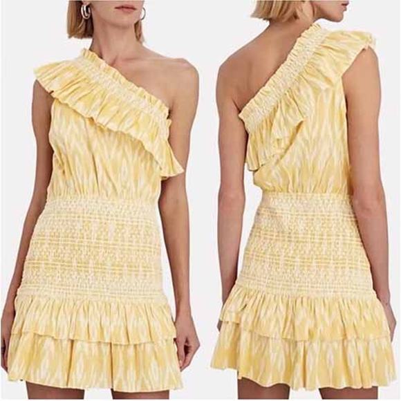 NWT Saylor Carren One-Shoulder Pull Over Smocked Ikat Cotton Mini Dress Yellow - Picture 8 of 8